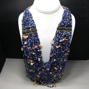 Vintage Bohemian Blue Seed Bead Shell Necklace 30 Strand Layered 23" Statement